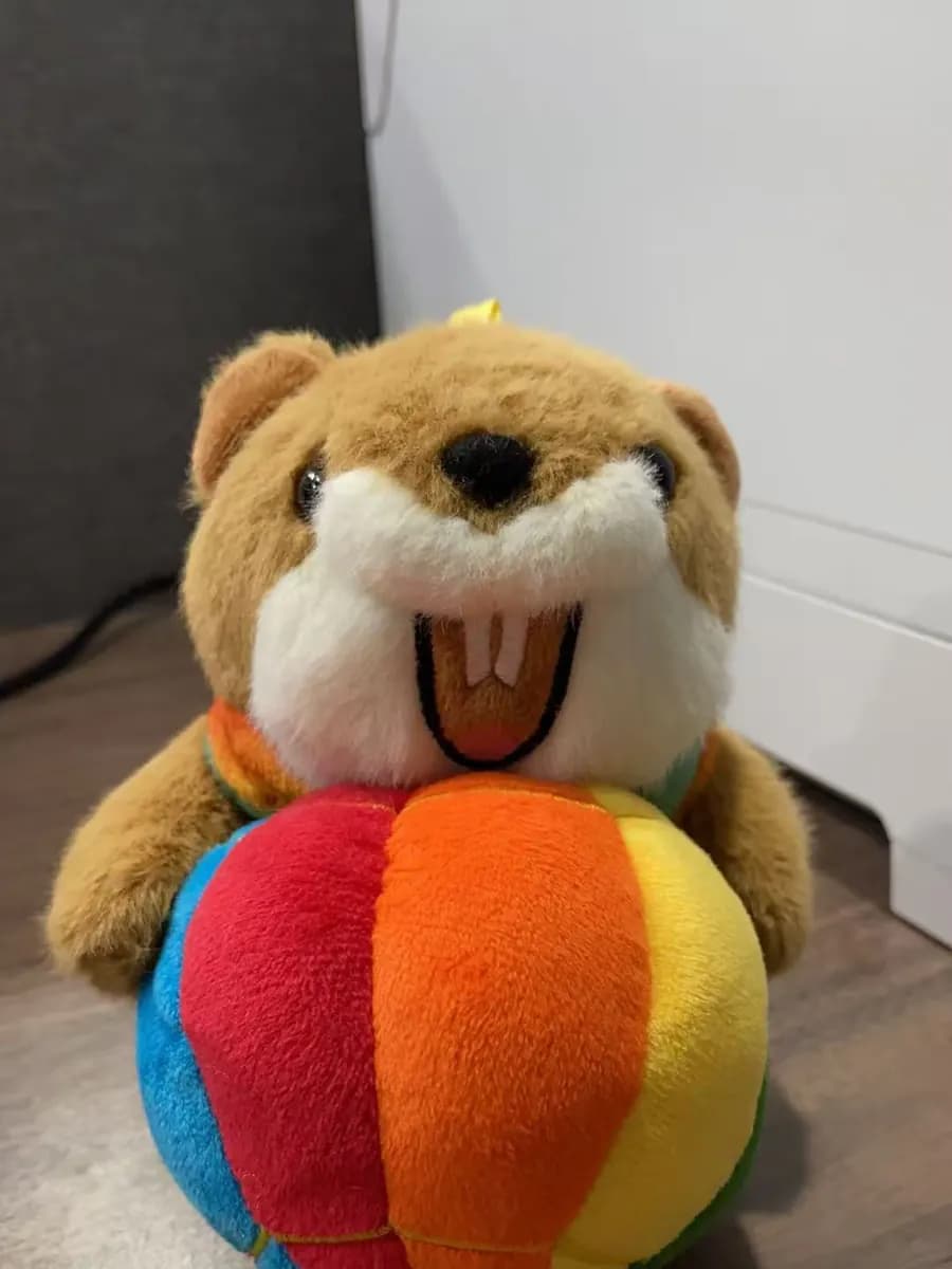Dog plush toy hugging a rainbow patchwork ball